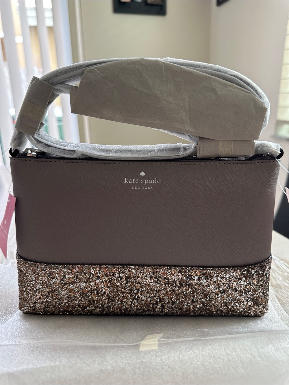 kate spade NWT Taupe and Rose Gold Glitter Crossbody Bag